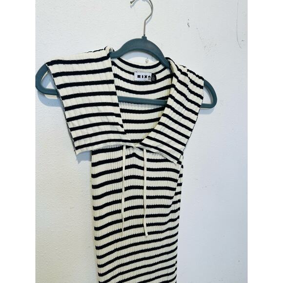 RIXO Blue White Antibes Stripe Ribbed Collared Ties Necklines Maxi Dress Size 8 - Picture 7 of 16